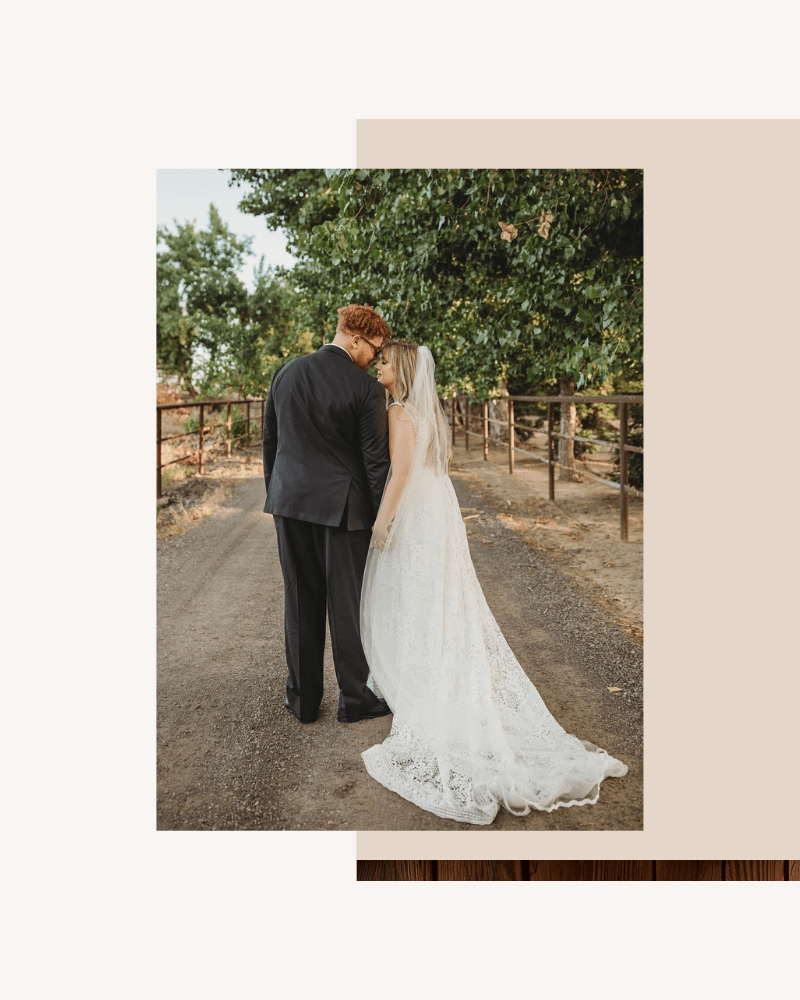 Bride and groom looking at each other smiling.